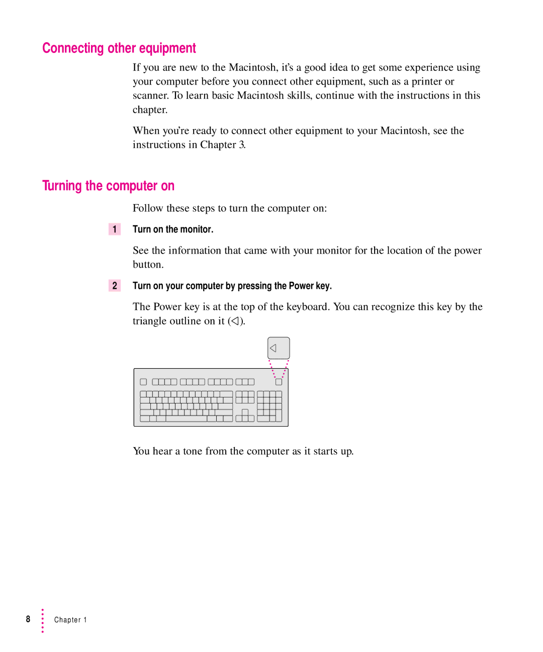 Apple 6200CD Series, 6300CD Series manual Connecting other equipment, Turning the computer on 