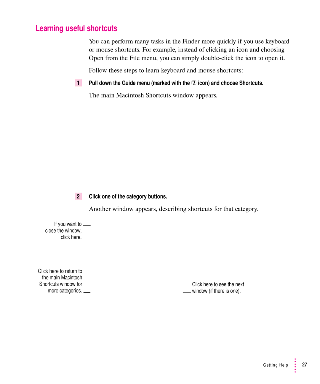 Apple 6300CD Series, 6200CD Series manual Learning useful shortcuts, Main Macintosh Shortcuts window appears 