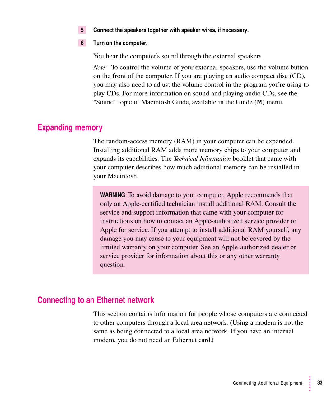Apple 6300CD Series, 6200CD Series manual Expanding memory, Connecting to an Ethernet network 