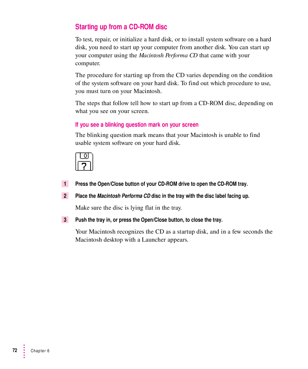 Apple 6200CD Series, 6300CD Series manual Starting up from a CD-ROM disc, If you see a blinking question mark on your screen 