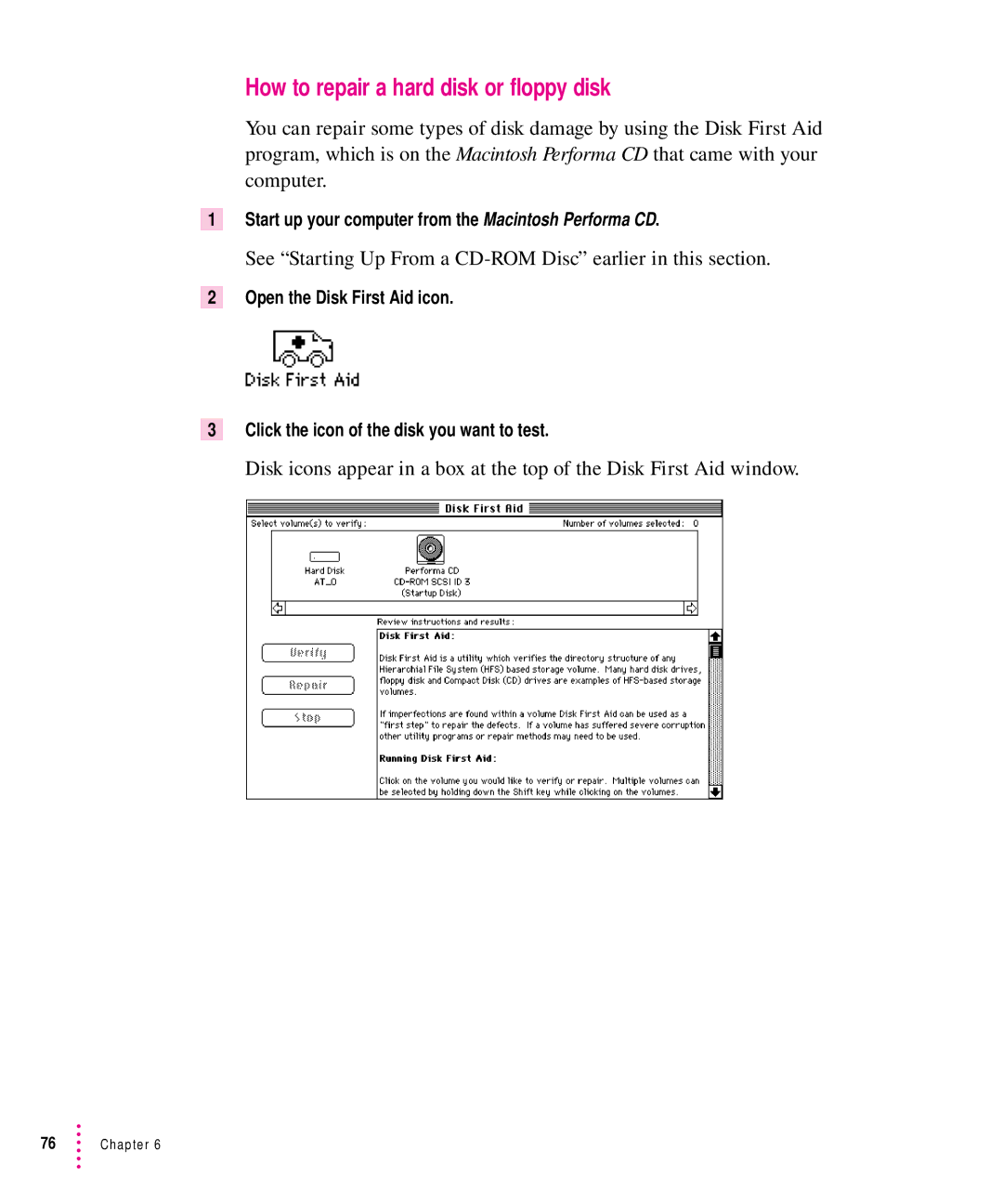 Apple 6200CD Series, 6300CD Series manual How to repair a hard disk or floppy disk 