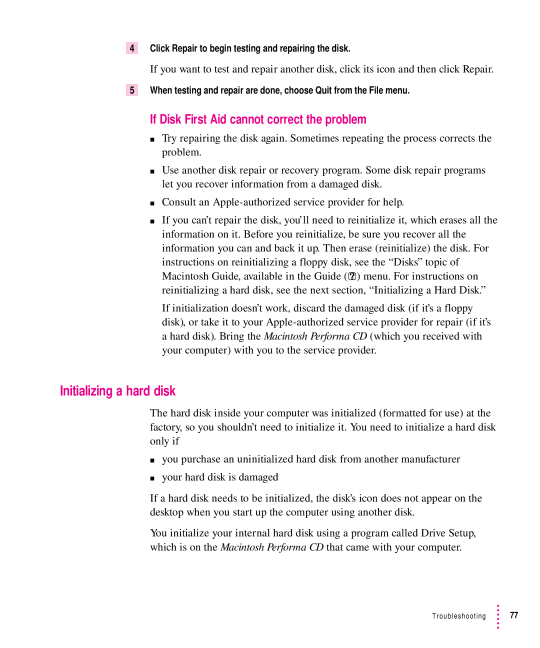 Apple 6300CD Series, 6200CD Series manual Initializing a hard disk, If Disk First Aid cannot correct the problem 