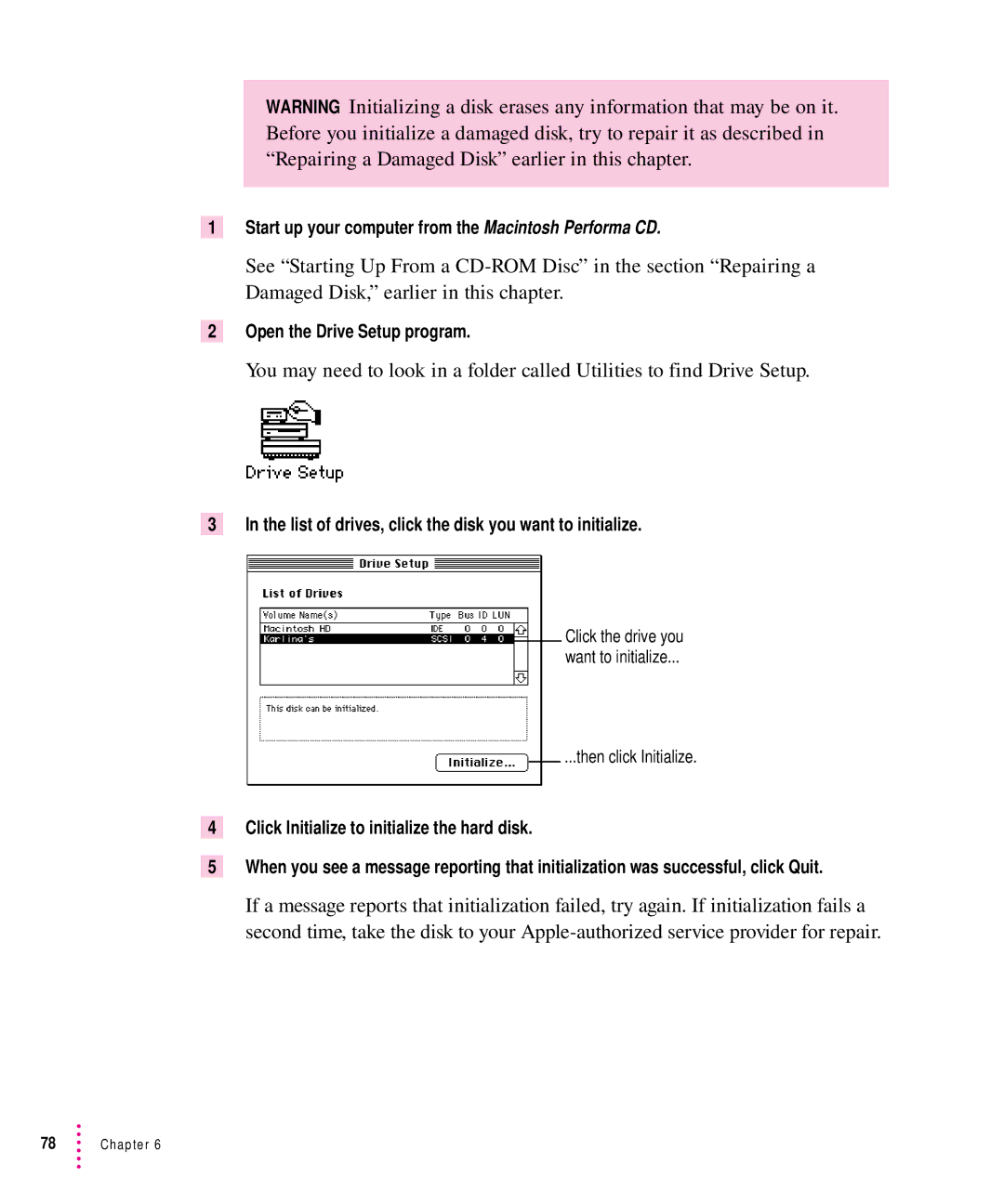 Apple 6200CD Series, 6300CD Series manual List of drives, click the disk you want to initialize 