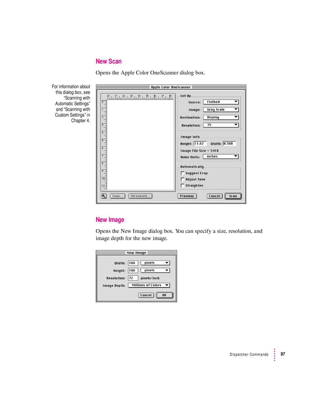 Apple 1230, 627 user manual New Scan, New Image, Opens the Apple Color OneScanner dialog box 