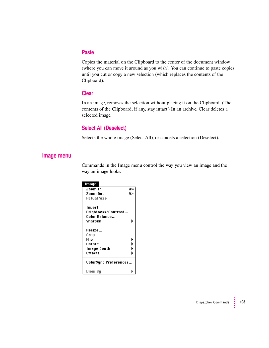 Apple 1230, 627 user manual Image menu, Paste, Clear, Select All Deselect 