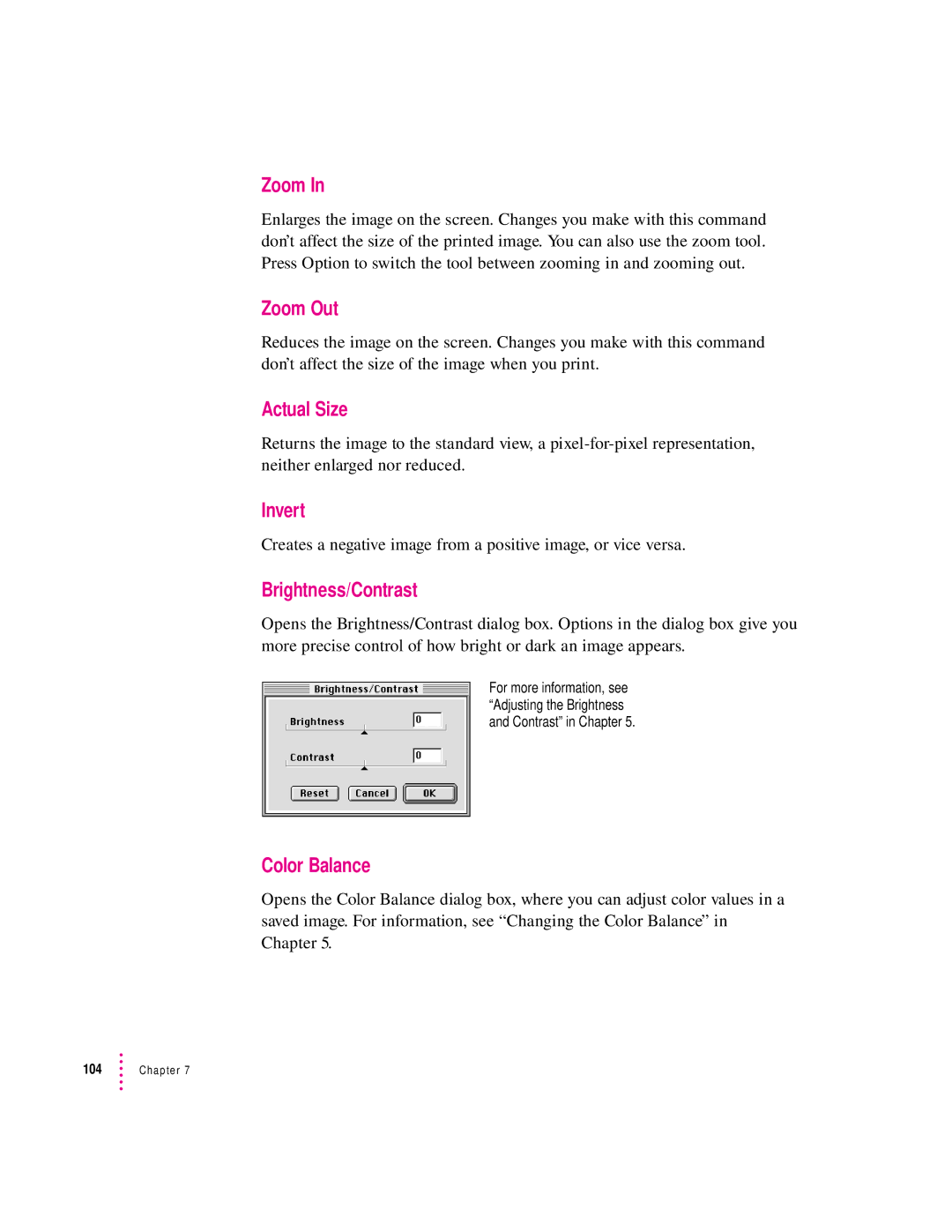 Apple 627, 1230 user manual Zoom Out, Actual Size, Invert, Brightness/Contrast, Color Balance 