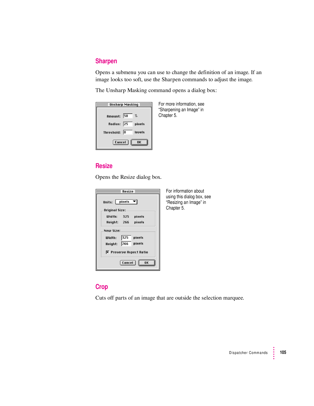 Apple 1230, 627 user manual Sharpen, Crop, Opens the Resize dialog box 