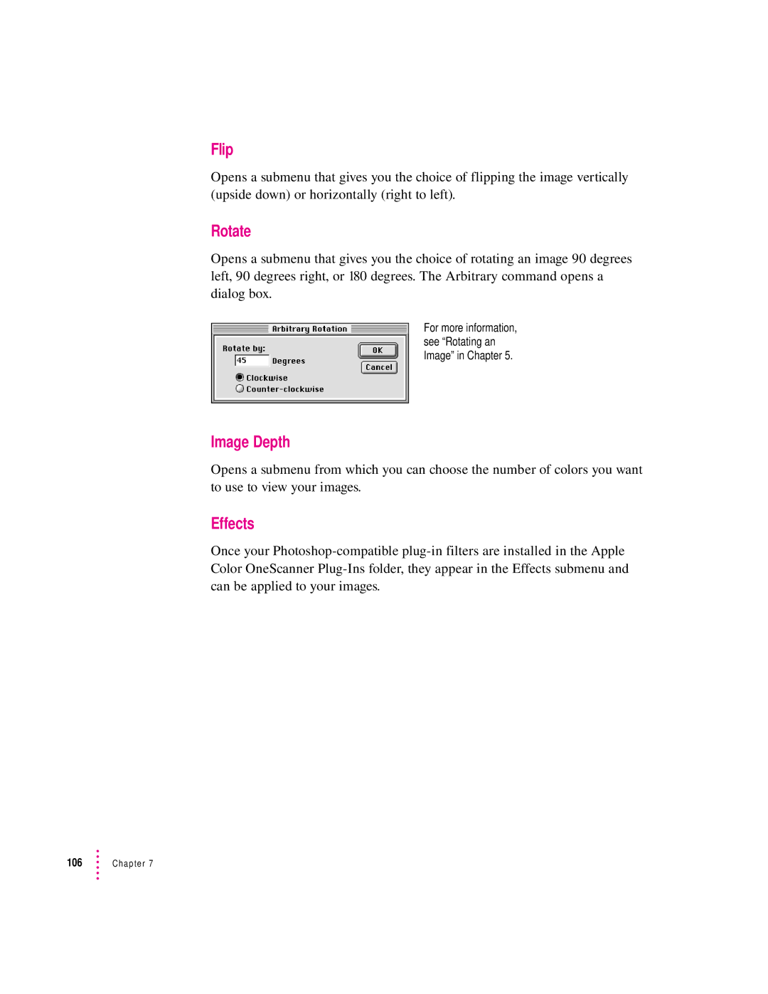 Apple 627, 1230 user manual Flip, Rotate, Image Depth, Effects 