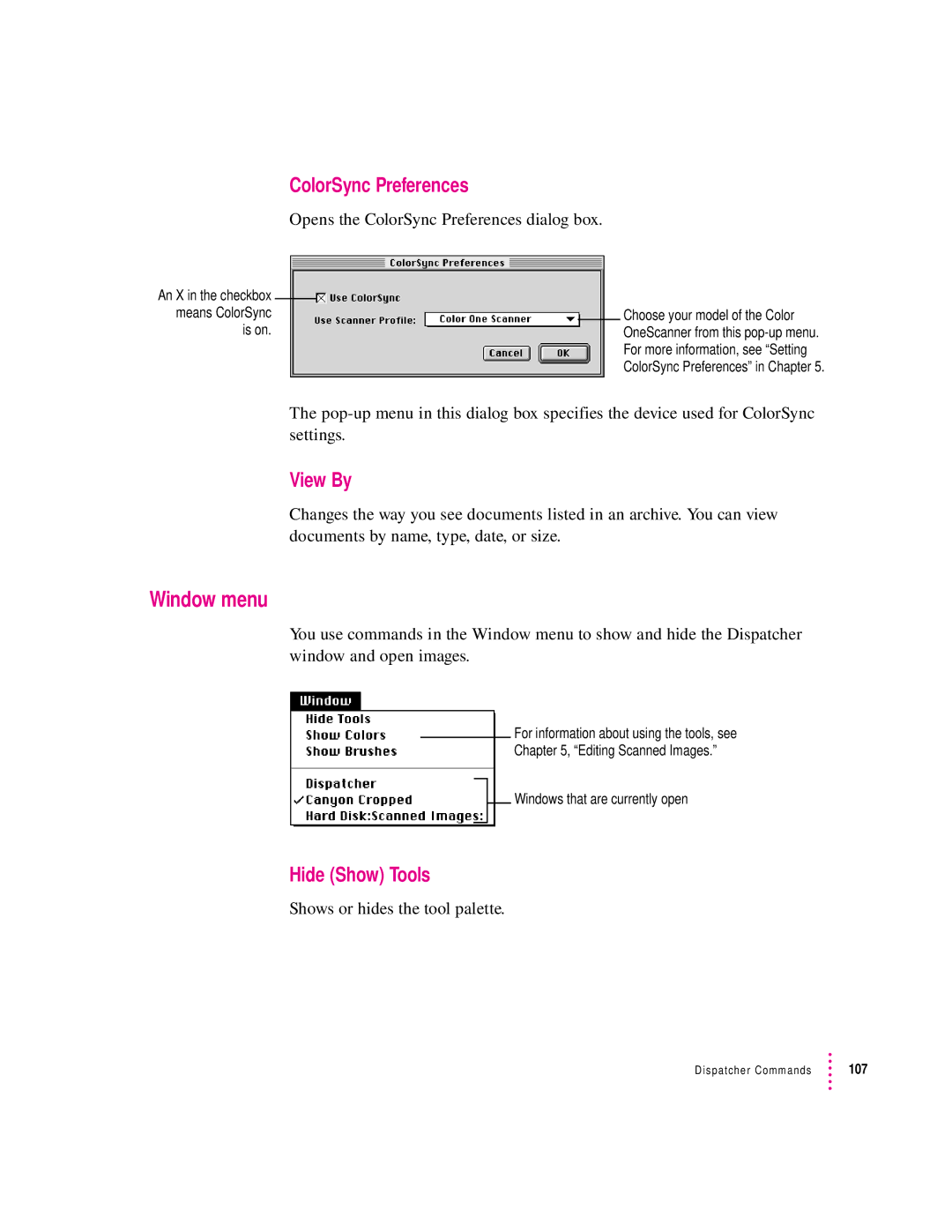 Apple 1230, 627 user manual Window menu, ColorSync Preferences, View By, Hide Show Tools 