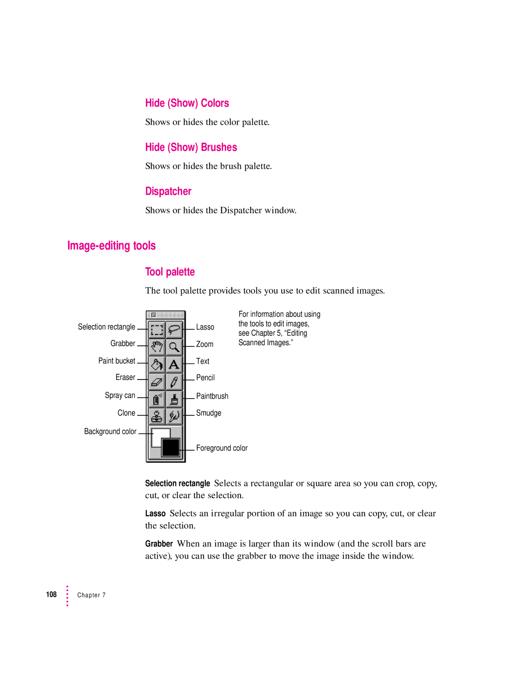 Apple 627, 1230 user manual Image-editing tools, Hide Show Colors, Hide Show Brushes, Dispatcher 