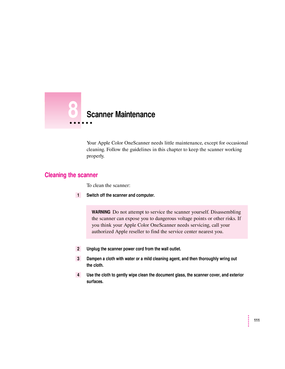 Apple 1230, 627 user manual Scanner Maintenance, Cleaning the scanner, To clean the scanner 