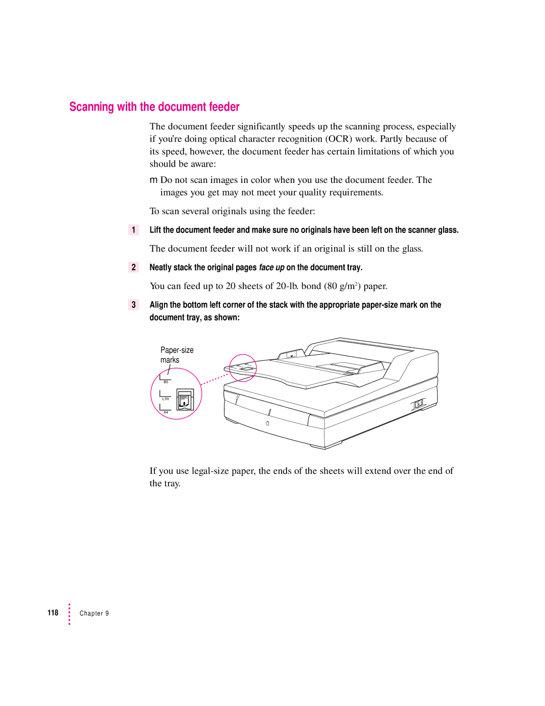 Apple 627, 1230 user manual Scanning with the document feeder, You can feed up to 20 sheets of 20-lb. bond 80 g/m2 paper 