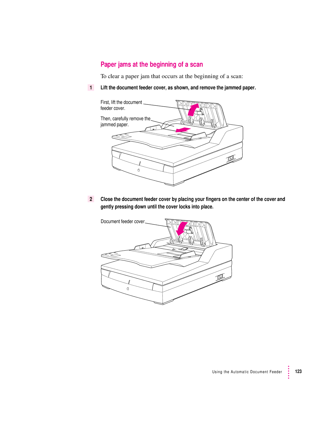 Apple 1230, 627 Paper jams at the beginning of a scan, To clear a paper jam that occurs at the beginning of a scan 