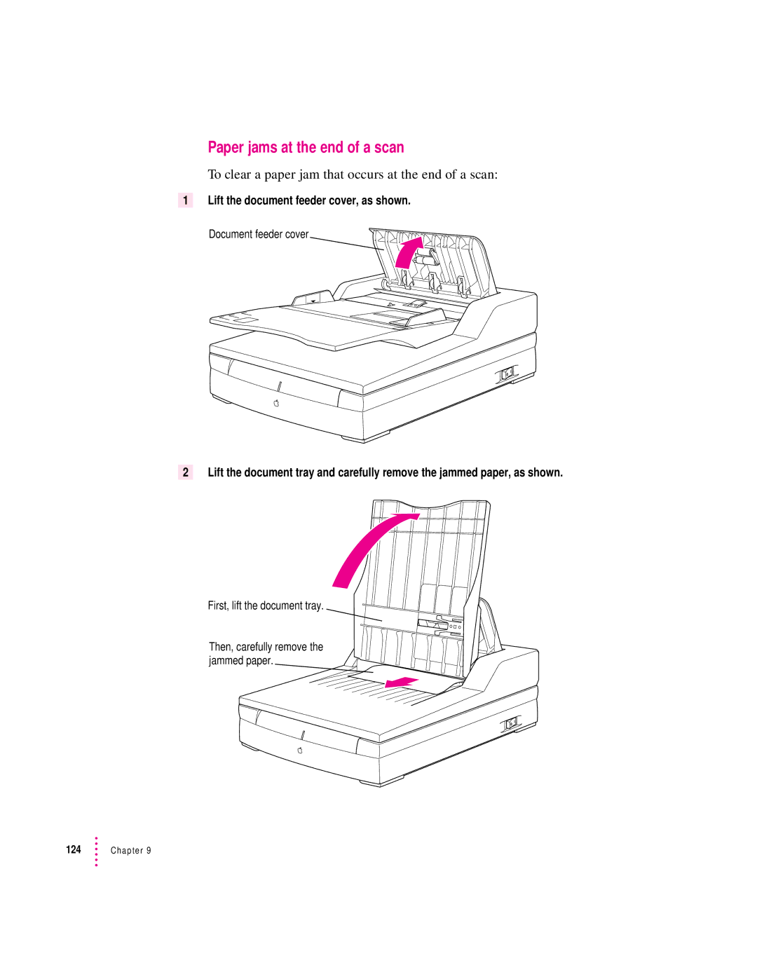 Apple 627, 1230 user manual Paper jams at the end of a scan, To clear a paper jam that occurs at the end of a scan 