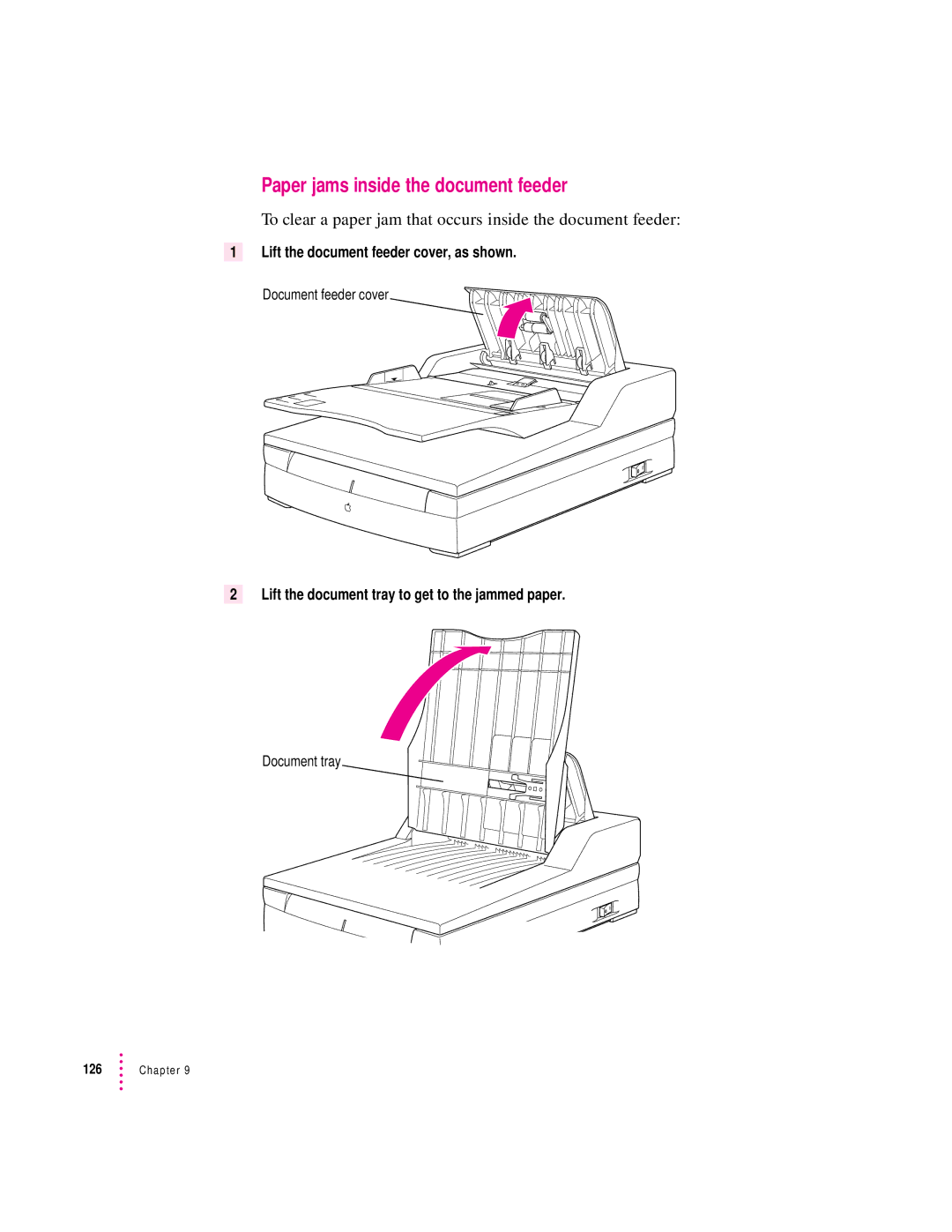 Apple 627, 1230 Paper jams inside the document feeder, To clear a paper jam that occurs inside the document feeder 