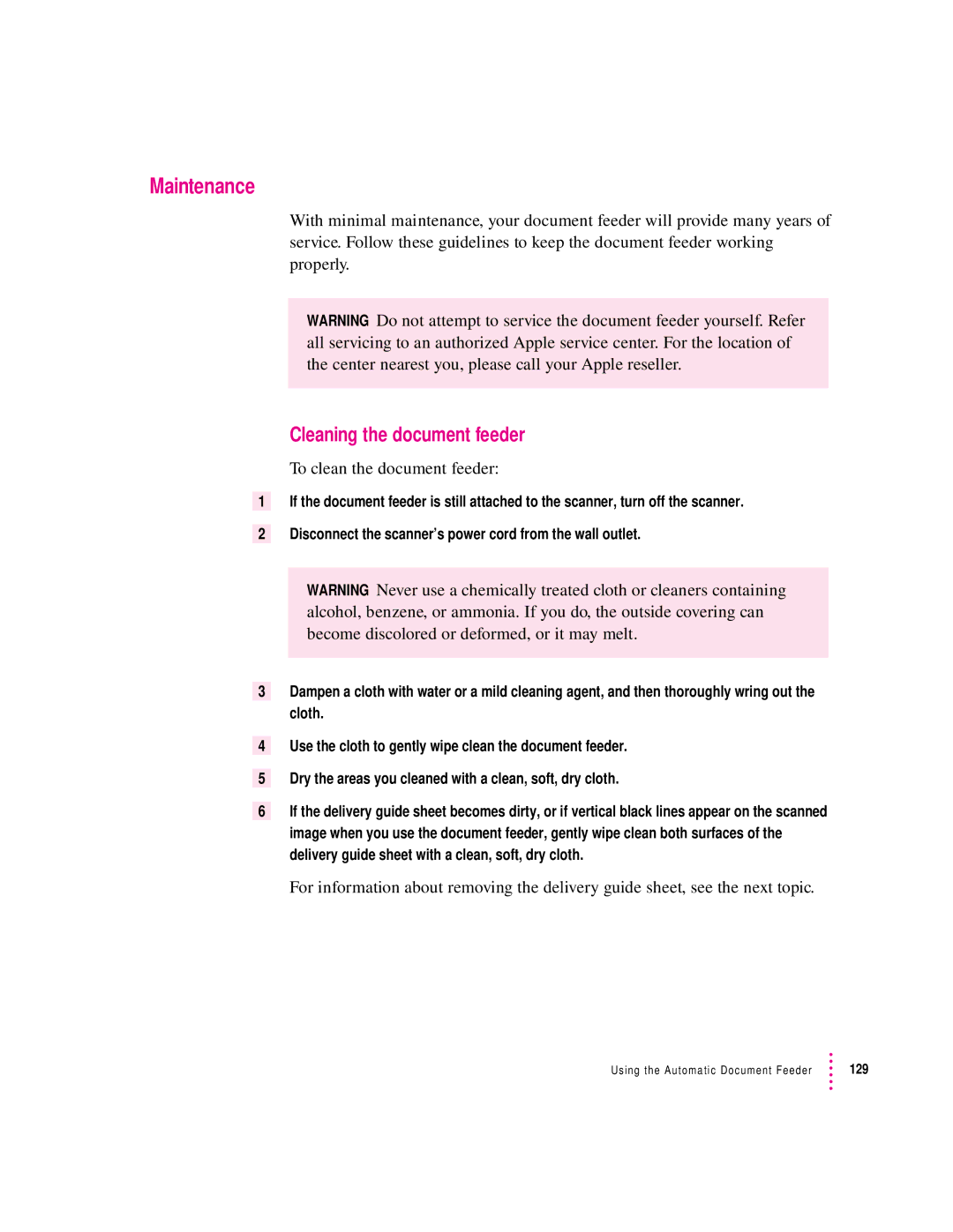 Apple 1230, 627 user manual Maintenance, Cleaning the document feeder, To clean the document feeder 