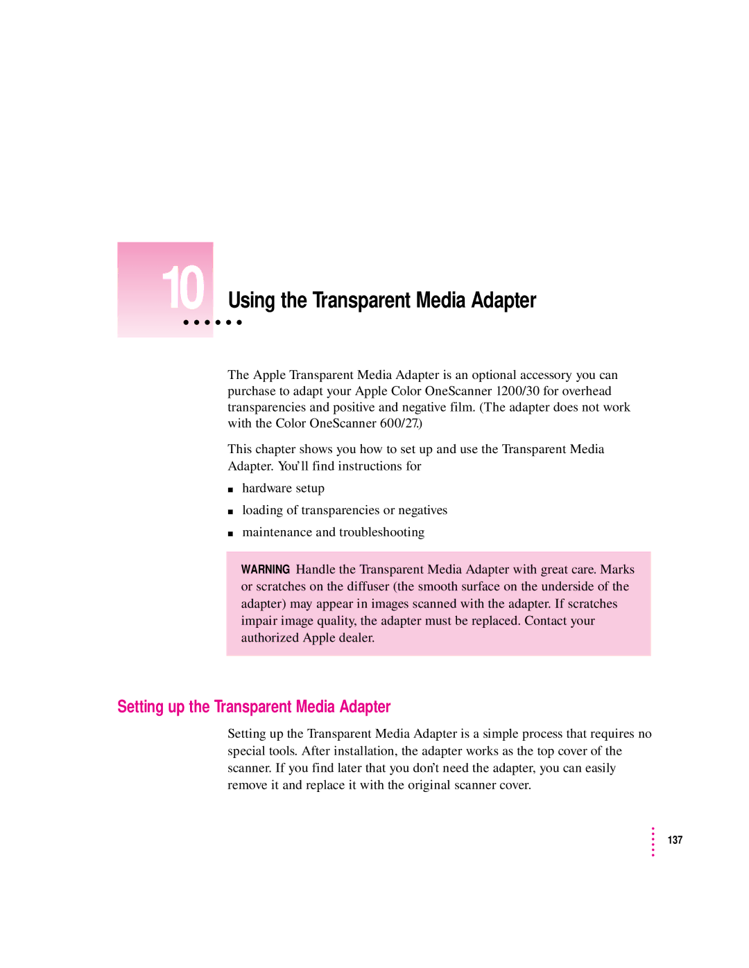 Apple 1230, 627 user manual Using the Transparent Media Adapter, Setting up the Transparent Media Adapter 