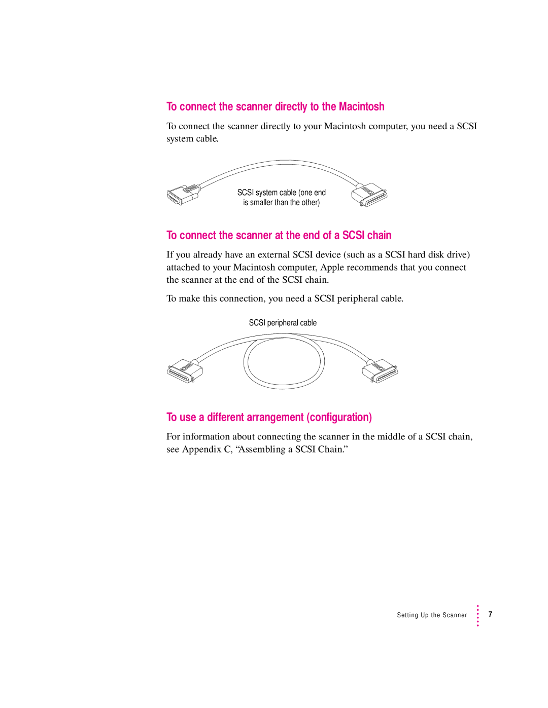 Apple 1230, 627 To connect the scanner directly to the Macintosh, To connect the scanner at the end of a Scsi chain 