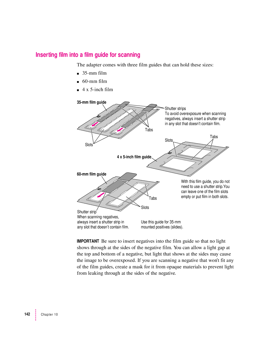 Apple 627, 1230 user manual Inserting film into a film guide for scanning, Mm film guide 