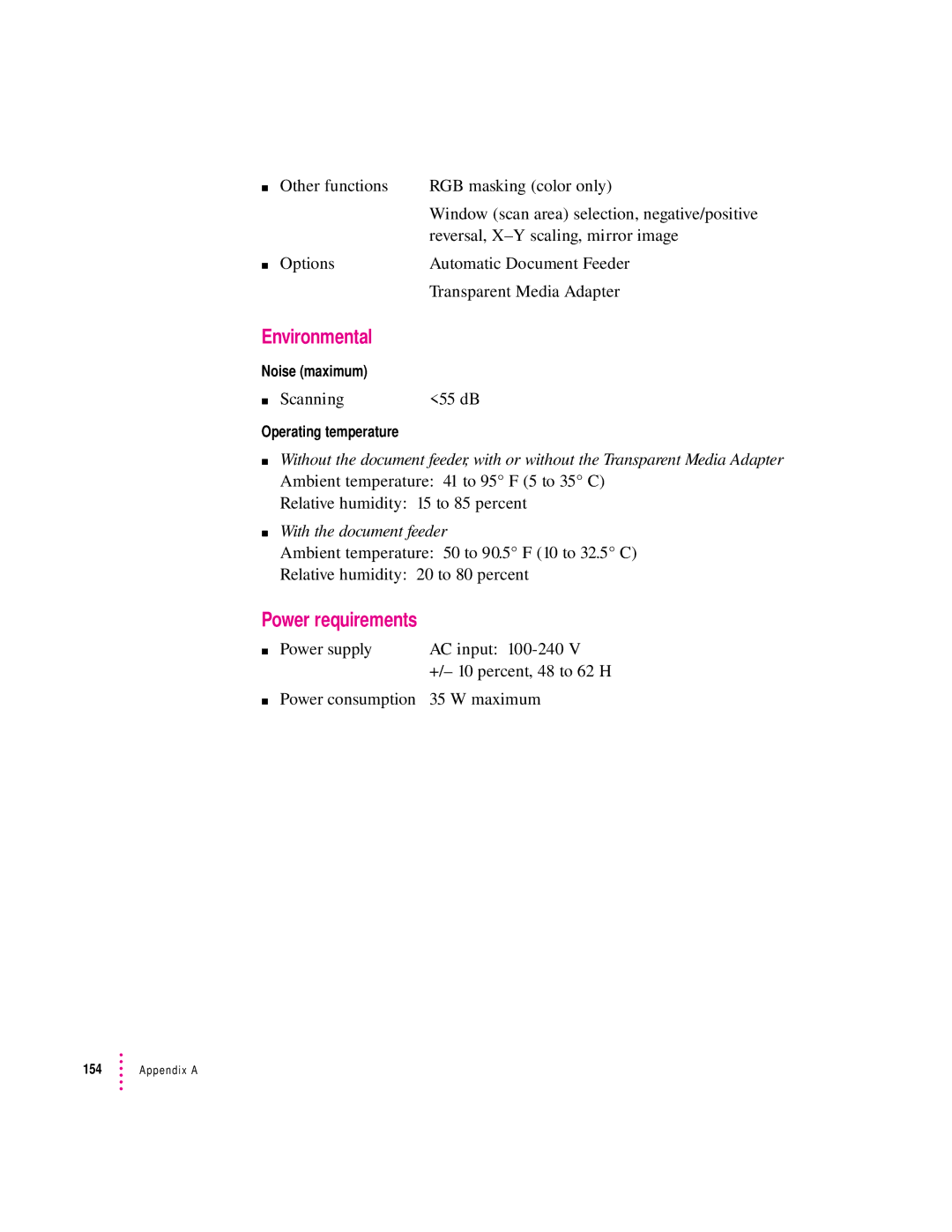 Apple 627, 1230 user manual Environmental, Power requirements, Scanning 55 dB, Relative humidity 15 to 85 percent 