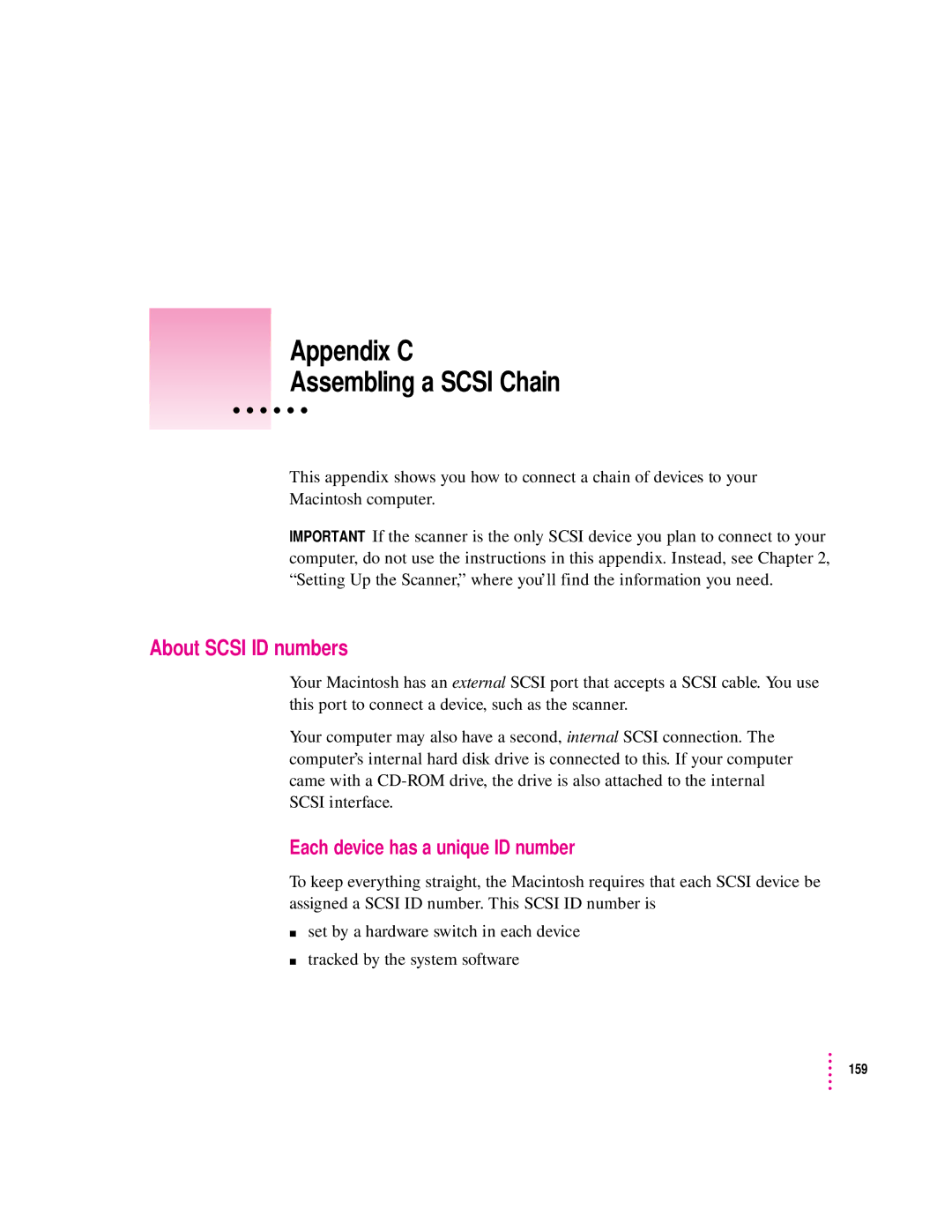 Apple 1230, 627 user manual Appendix C Assembling a Scsi Chain, About Scsi ID numbers, Each device has a unique ID number 