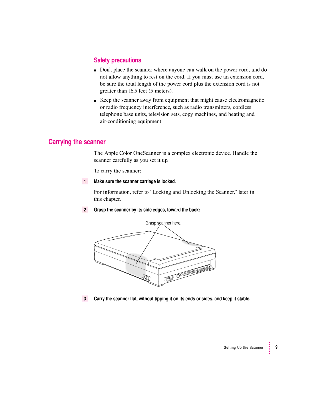 Apple 1230, 627 user manual Carrying the scanner, Safety precautions 