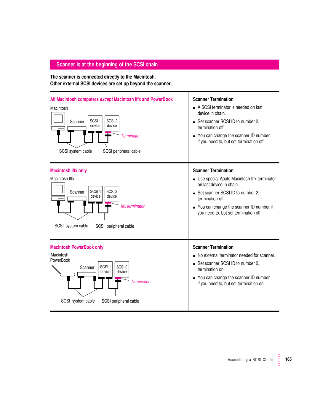 Apple 1230, 627 user manual Scanner is at the beginning of the Scsi chain 