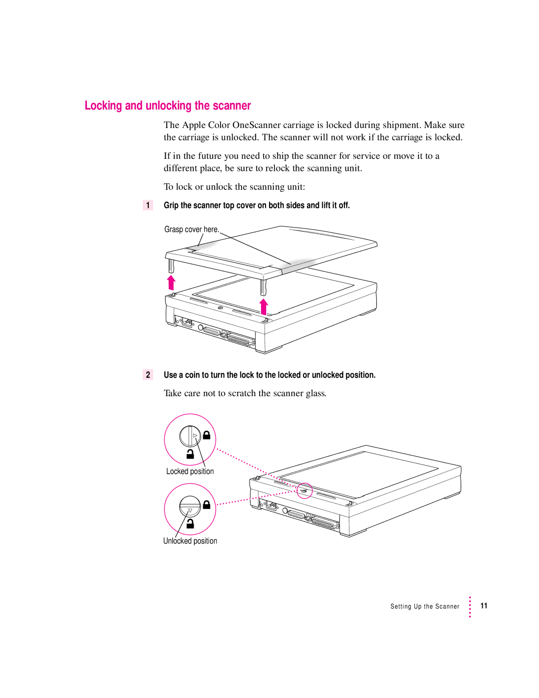 Apple 1230, 627 user manual Locking and unlocking the scanner, Take care not to scratch the scanner glass 