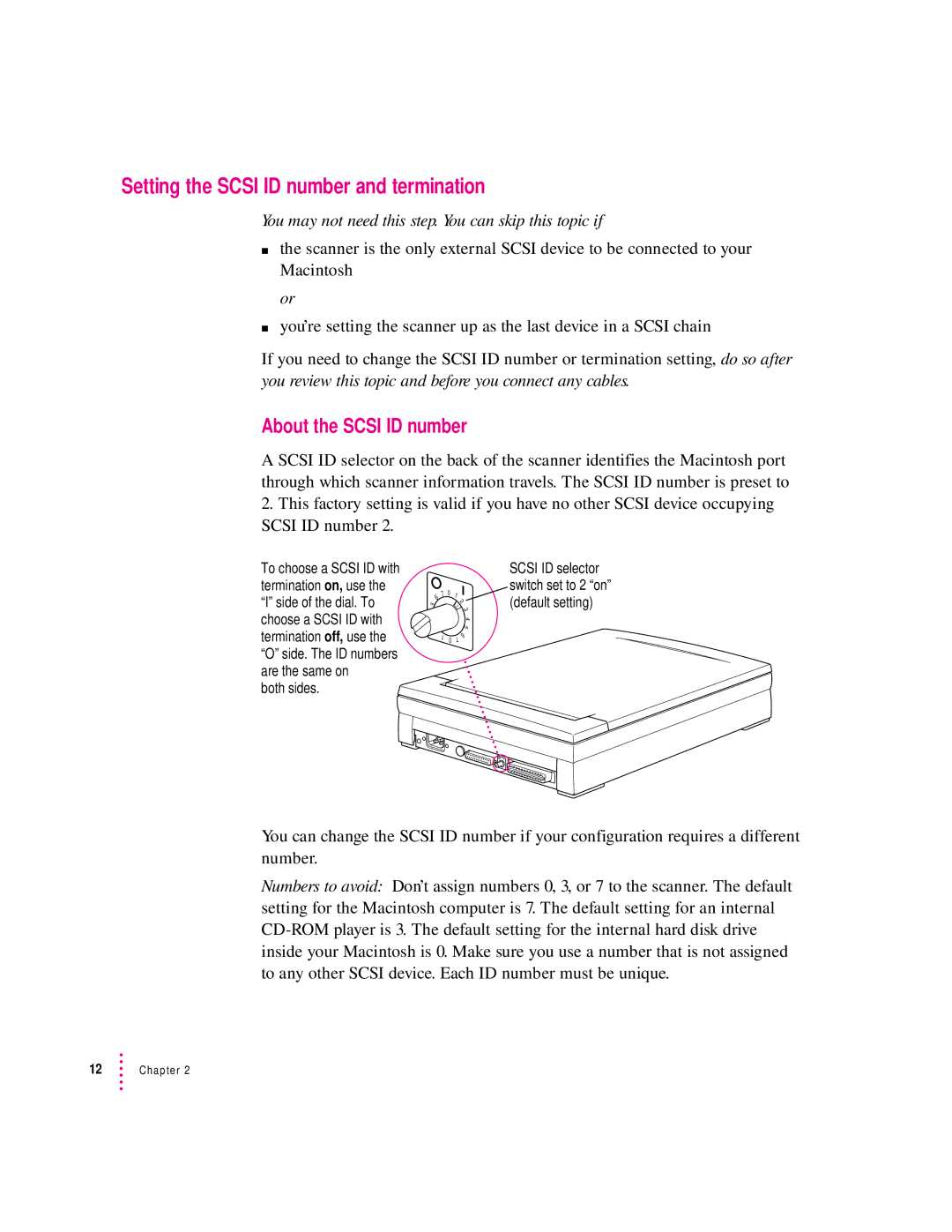 Apple 627, 1230 user manual Setting the Scsi ID number and termination, About the Scsi ID number 