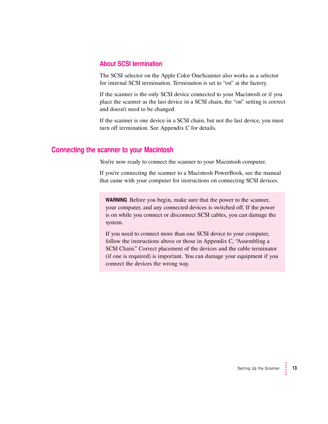 Apple 1230, 627 user manual Connecting the scanner to your Macintosh, About Scsi termination 