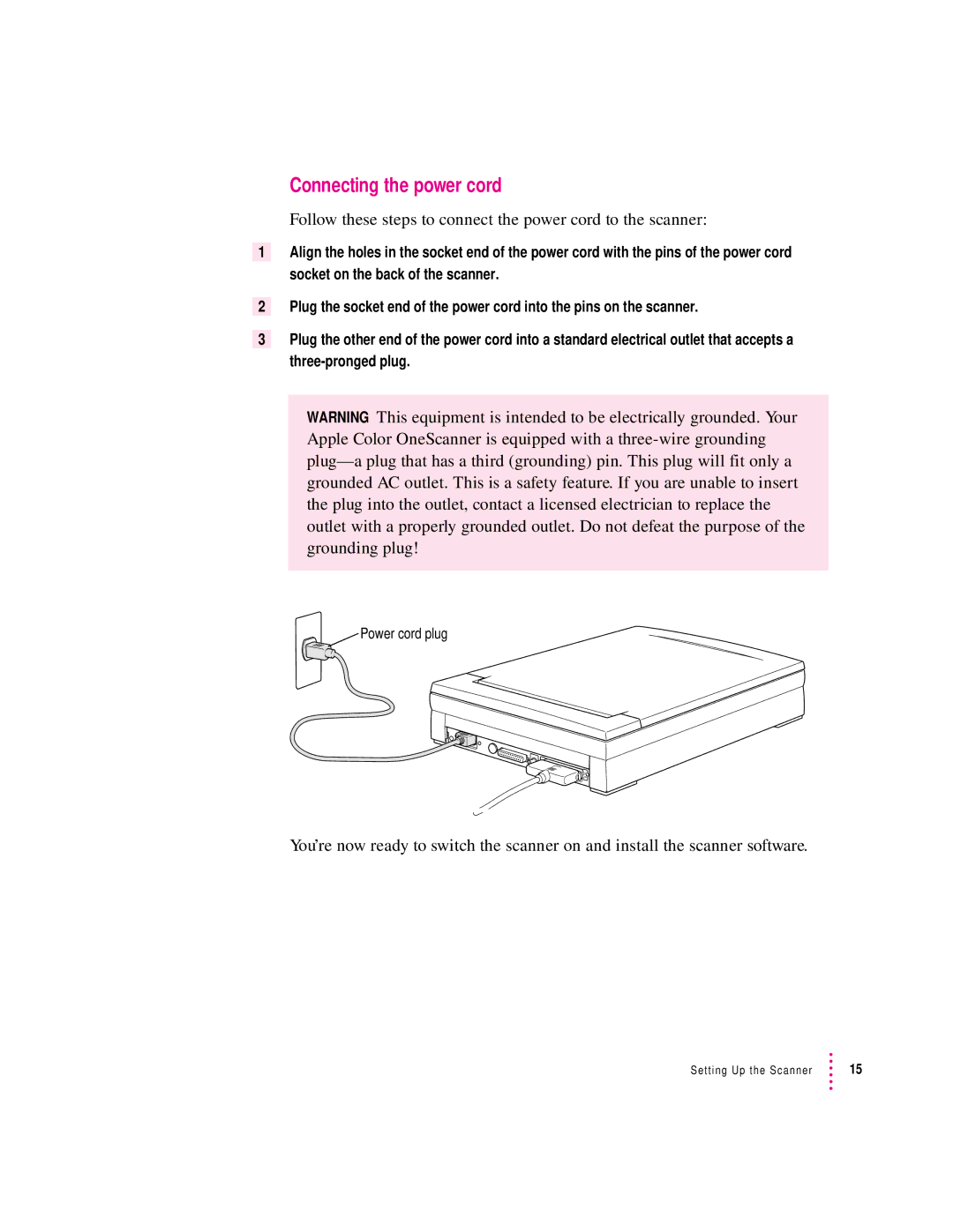 Apple 1230, 627 user manual Connecting the power cord, Follow these steps to connect the power cord to the scanner 