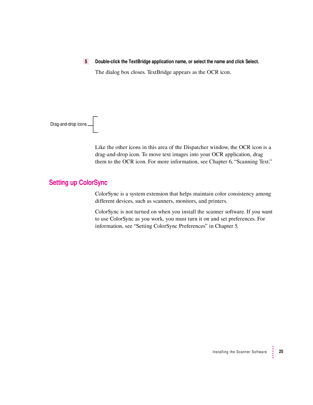 Apple 1230, 627 user manual Setting up ColorSync, Dialog box closes. TextBridge appears as the OCR icon 