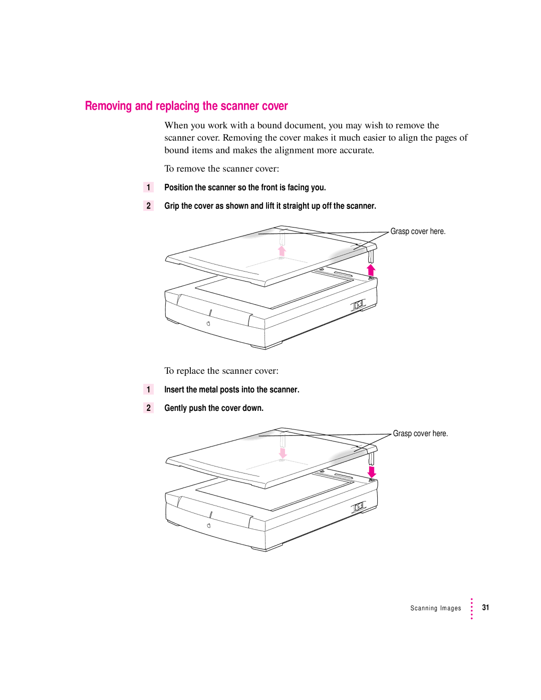 Apple 1230, 627 user manual Removing and replacing the scanner cover, To replace the scanner cover 