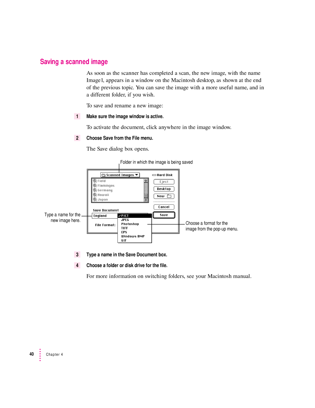 Apple 627, 1230 user manual Saving a scanned image, Save dialog box opens 