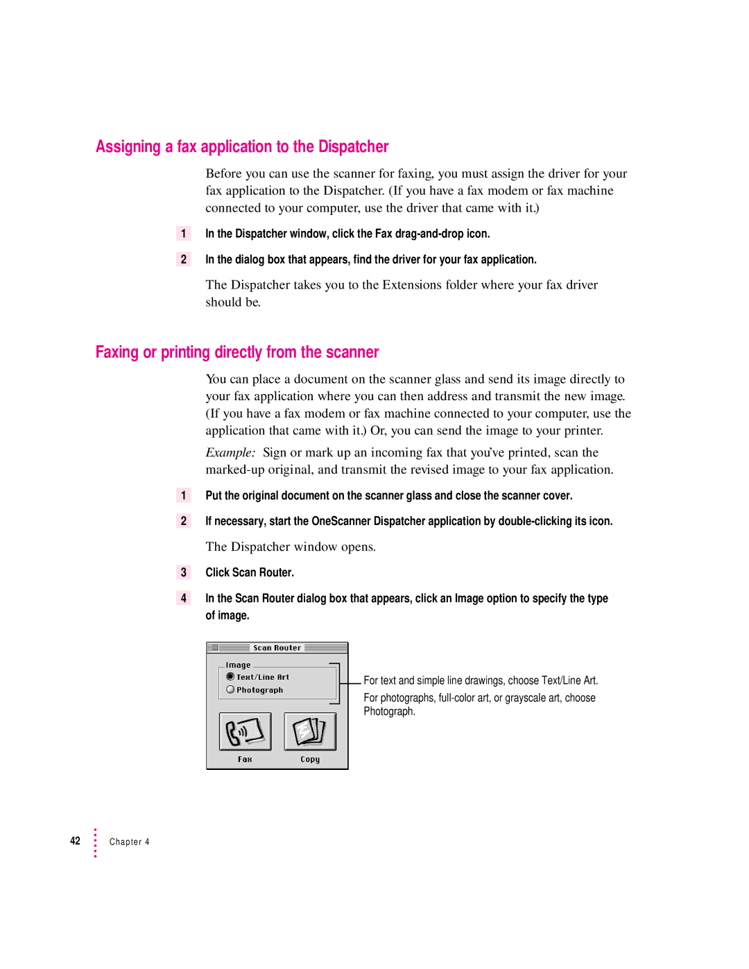 Apple 627, 1230 user manual Assigning a fax application to the Dispatcher, Faxing or printing directly from the scanner 