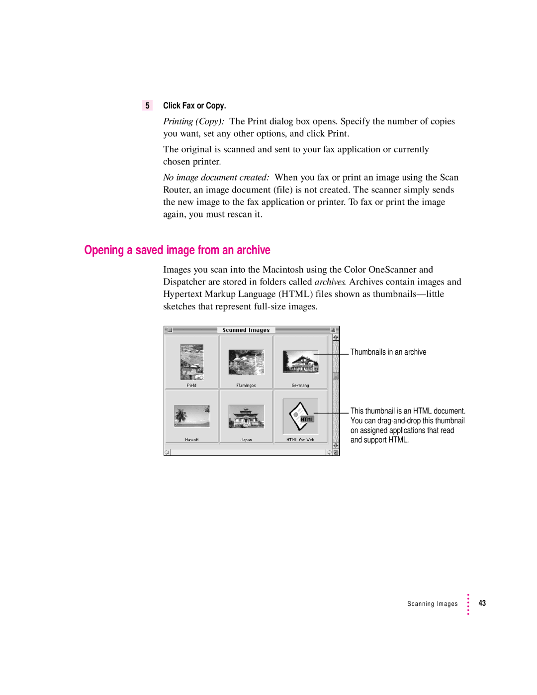 Apple 1230, 627 user manual Opening a saved image from an archive, Thumbnails in an archive 