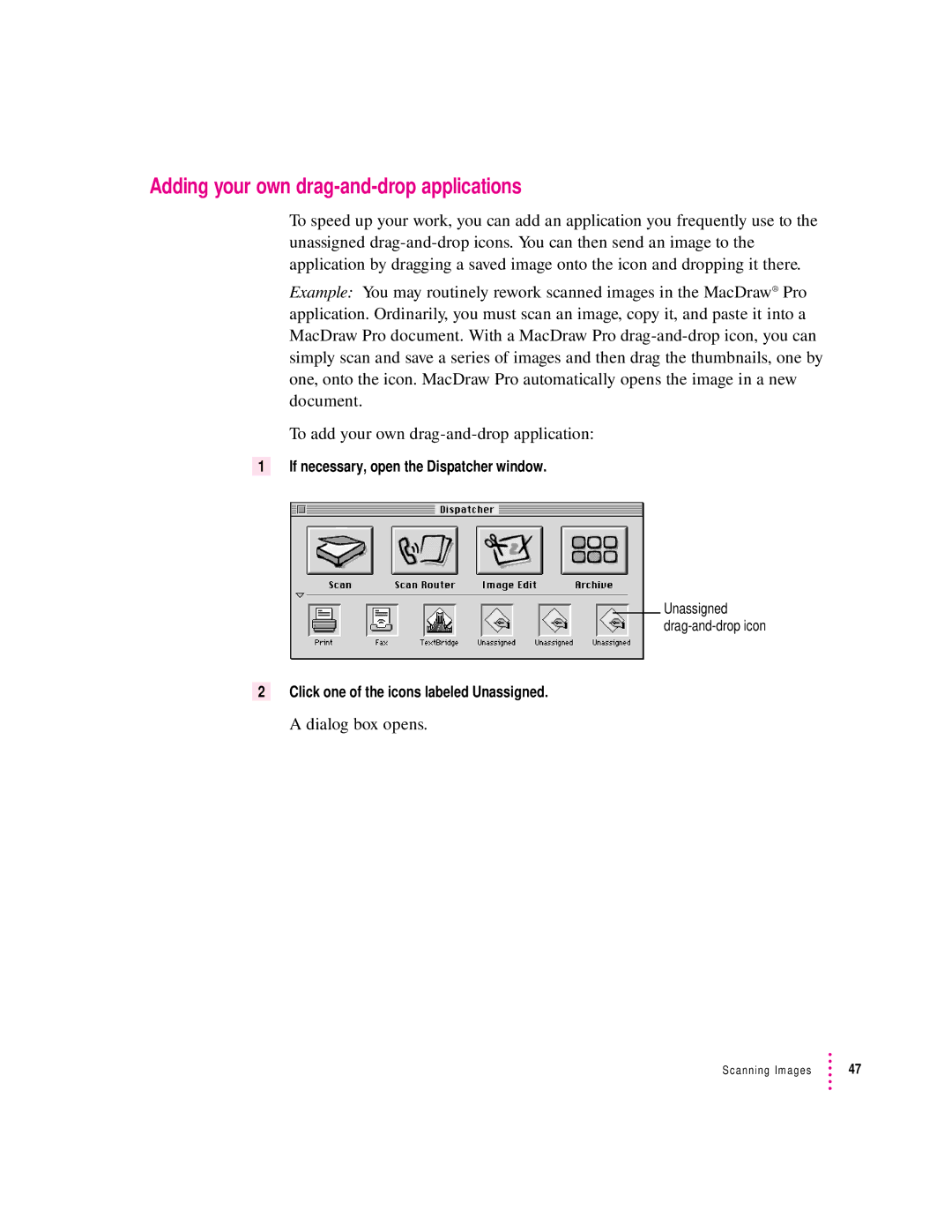 Apple 1230, 627 user manual Adding your own drag-and-drop applications, Dialog box opens 