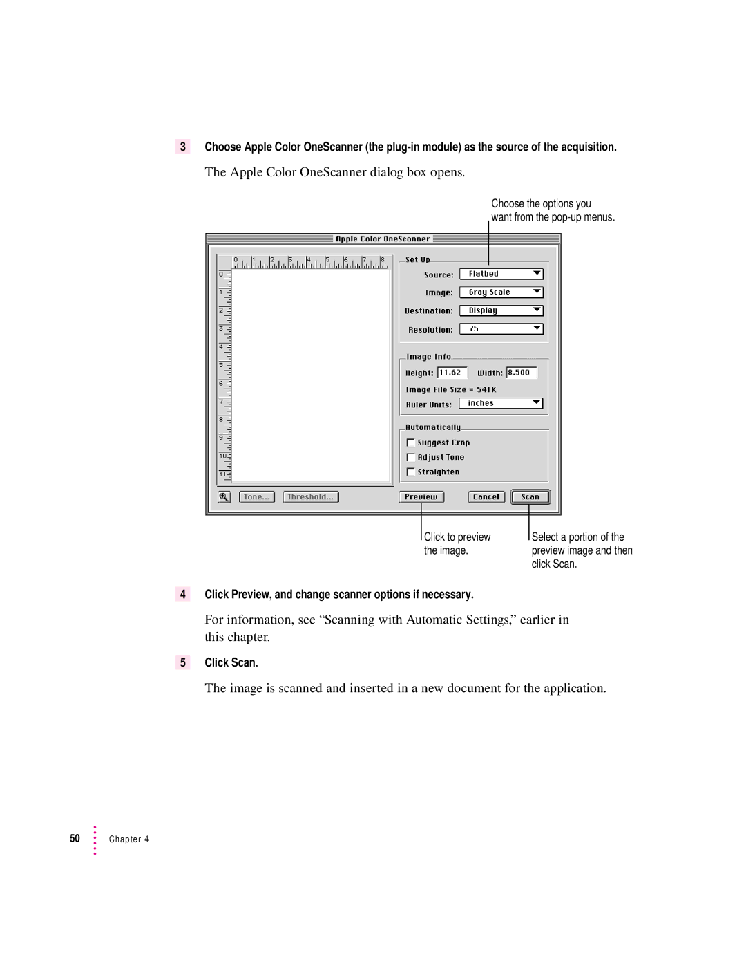 Apple 627, 1230 user manual Apple Color OneScanner dialog box opens 