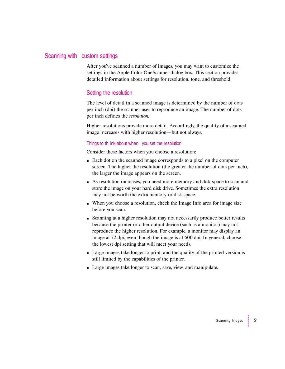 Apple 1230, 627 user manual Scanning with custom settings, Setting the resolution 