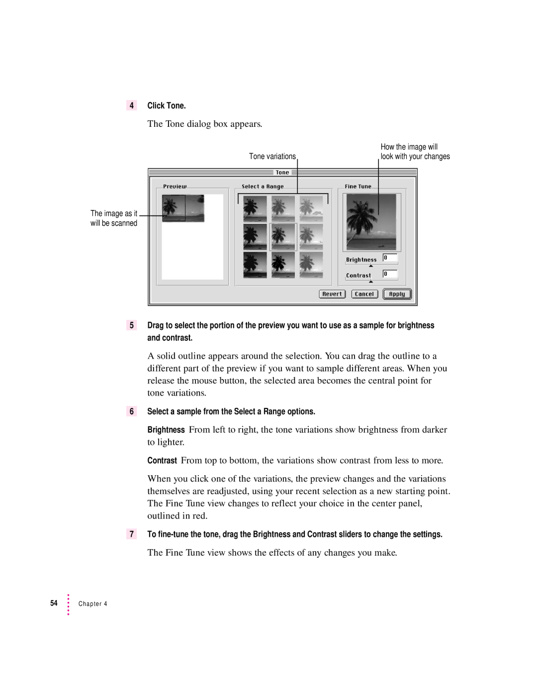 Apple 627, 1230 user manual Tone dialog box appears, Fine Tune view shows the effects of any changes you make 