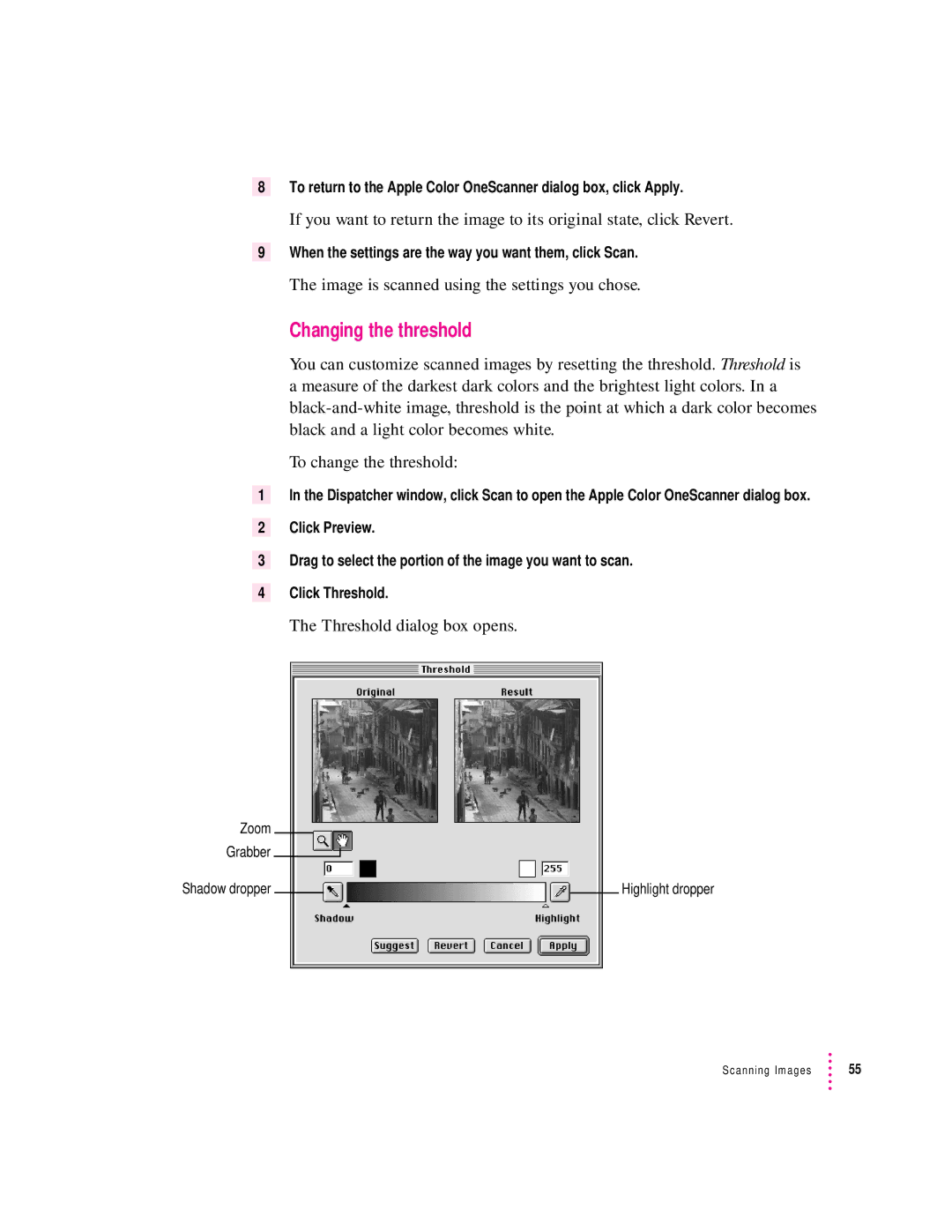 Apple 1230, 627 Changing the threshold, Image is scanned using the settings you chose, Threshold dialog box opens 