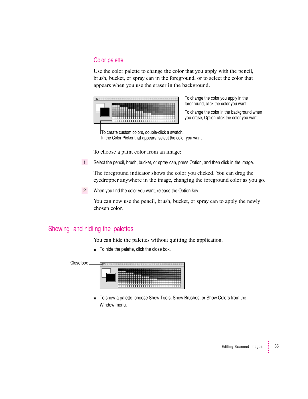 Apple 1230, 627 user manual Showing and hiding the palettes, Color palette, To choose a paint color from an image 