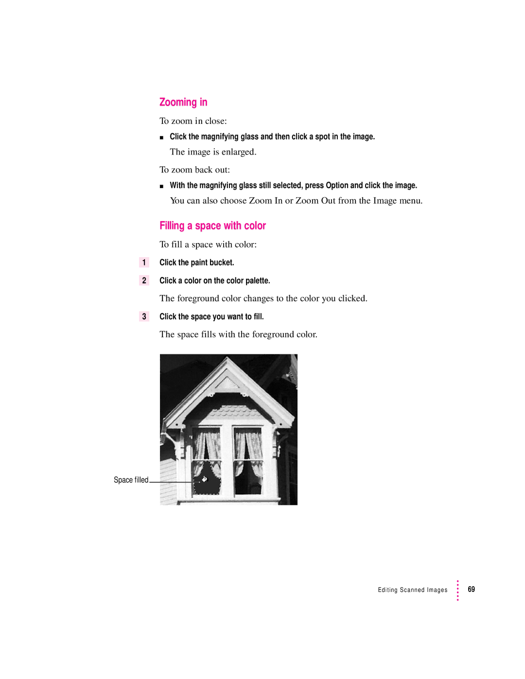 Apple 1230, 627 user manual Zooming, Filling a space with color 