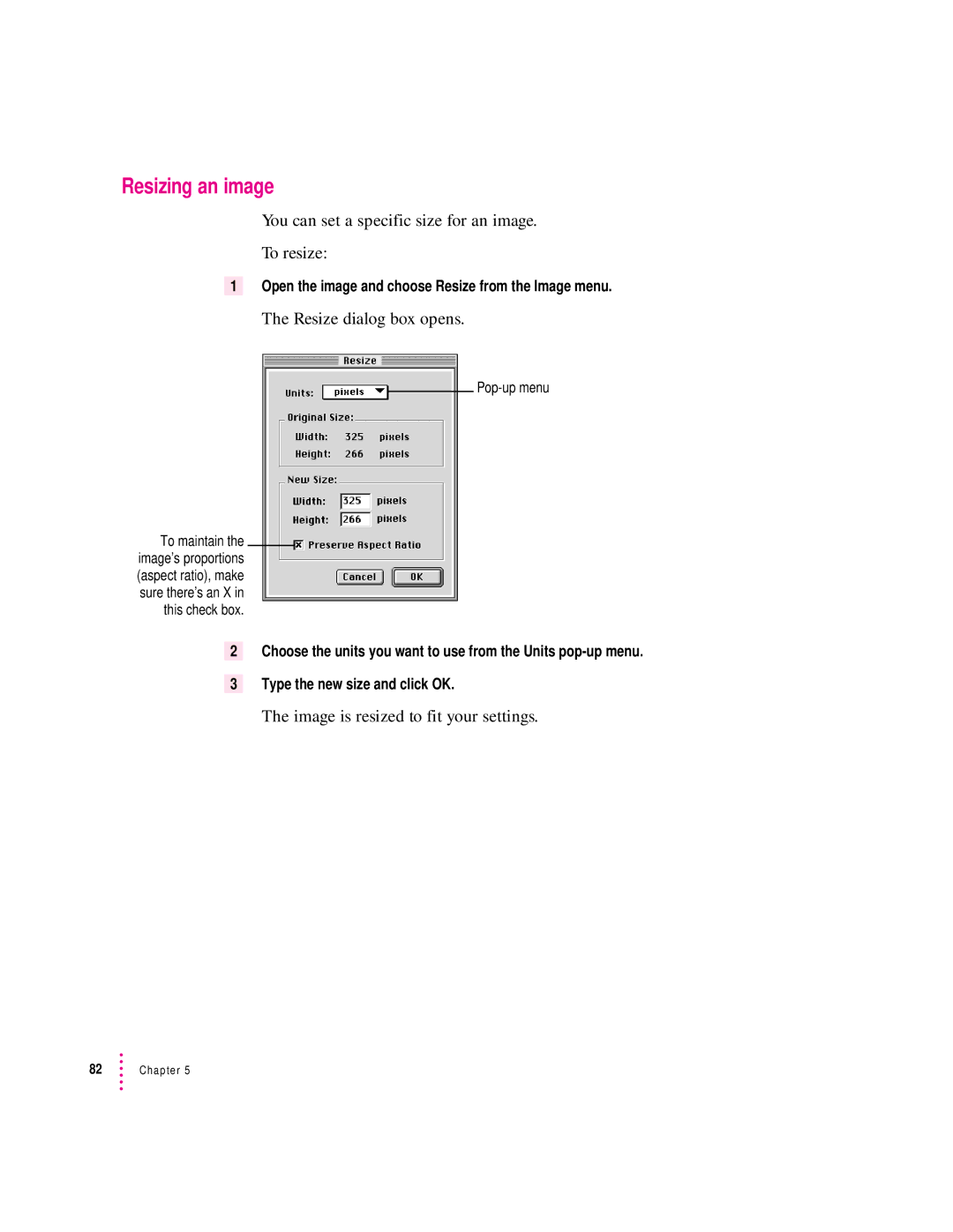 Apple 627, 1230 user manual Resizing an image, You can set a specific size for an image To resize, Resize dialog box opens 