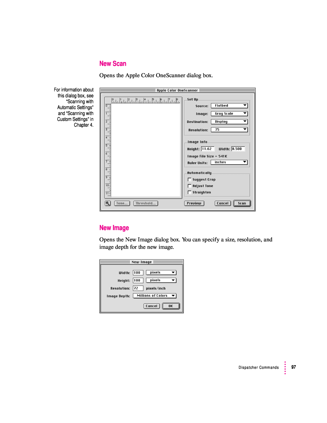 Apple 1230, 627 user manual New Scan, New Image, Opens the Apple Color OneScanner dialog box, Dispatcher Commands 