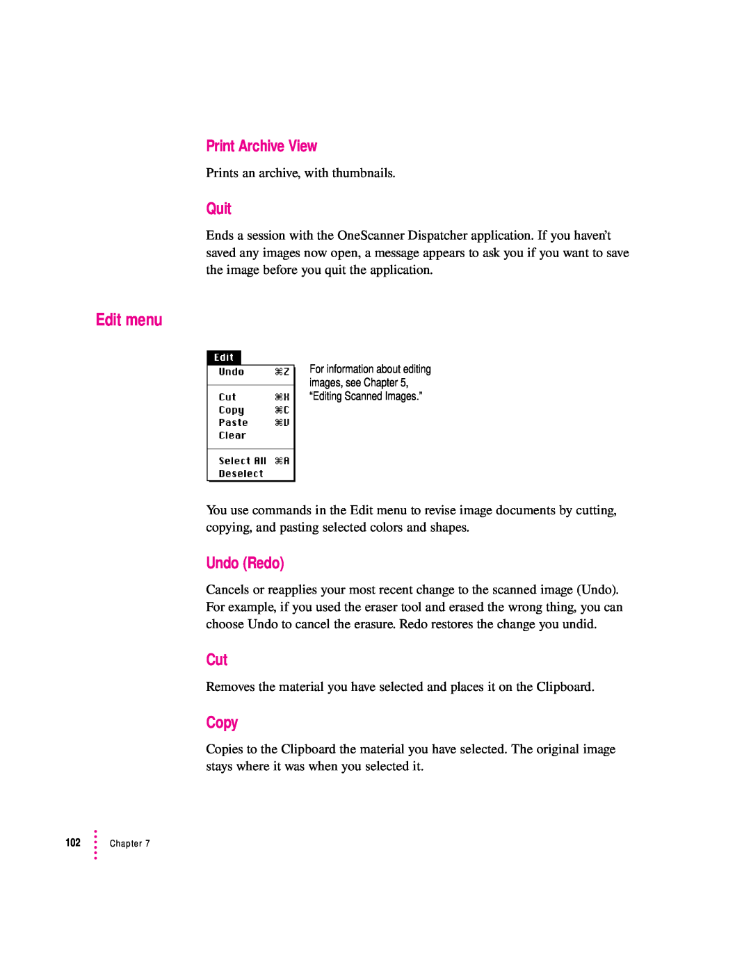 Apple 627, 1230 user manual Edit menu, Print Archive View, Quit, Undo Redo, Copy 