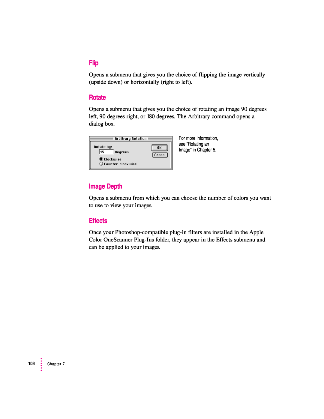 Apple 627, 1230 user manual Flip, Rotate, Image Depth, Effects, For more information, see “Rotating an Image” in Chapter 