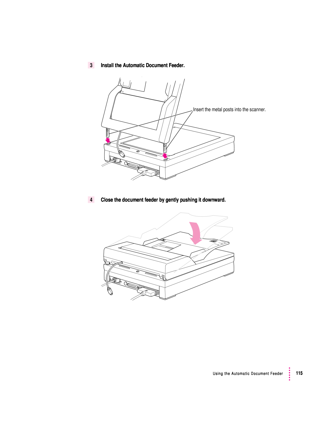 Apple 1230, 627 user manual Install the Automatic Document Feeder, Insert the metal posts into the scanner 