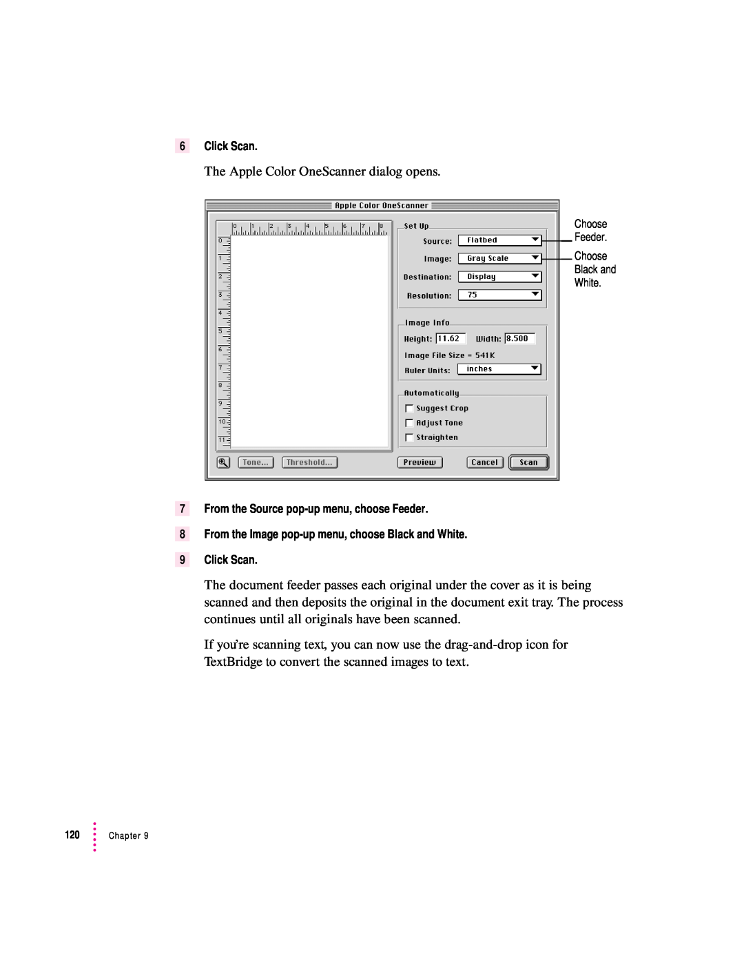 Apple 627, 1230 user manual The Apple Color OneScanner dialog opens 