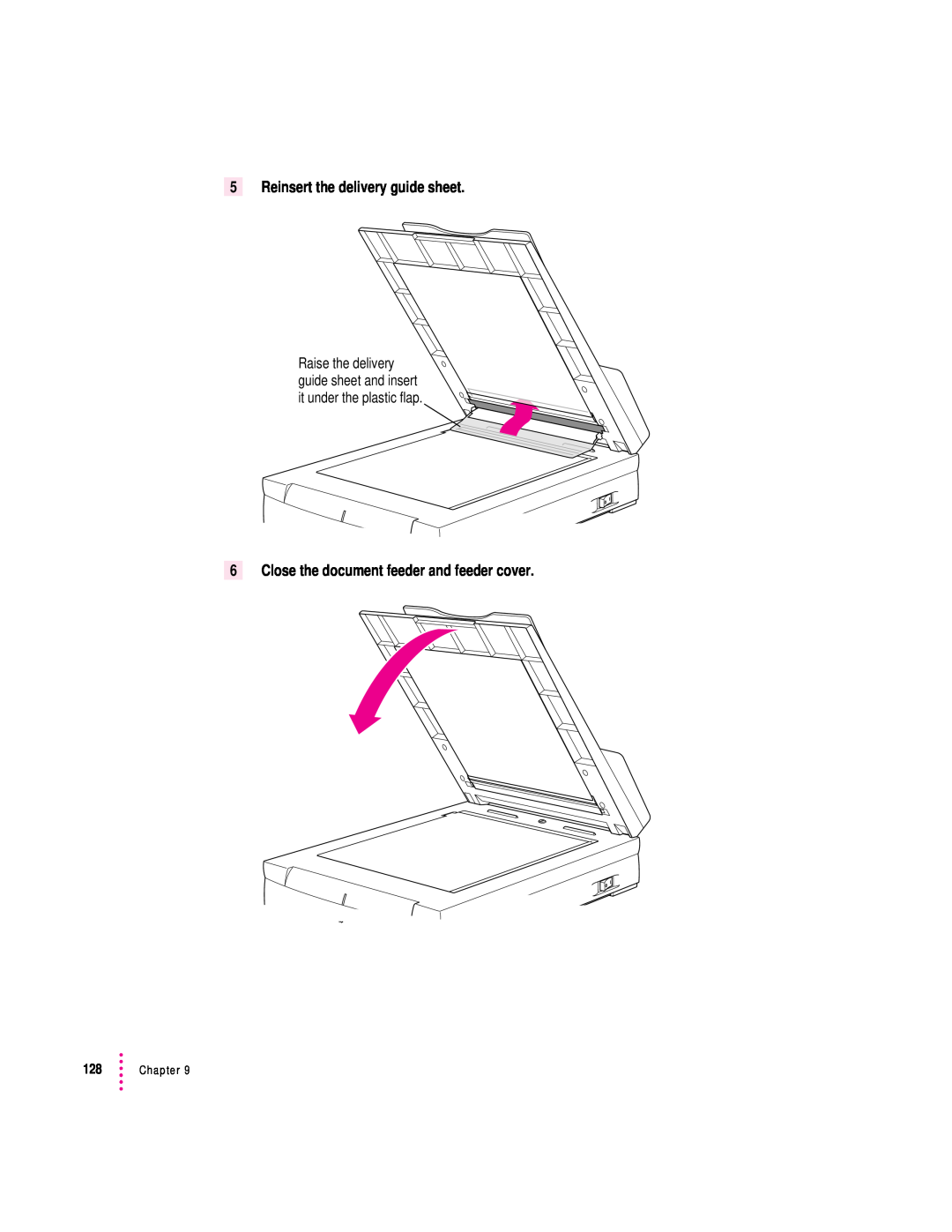 Apple 627, 1230 user manual Reinsert the delivery guide sheet, Close the document feeder and feeder cover, Chapter 